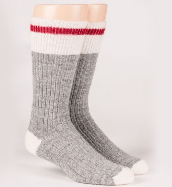 grey alpaca socks with a white and red line on top